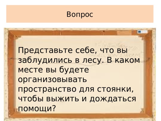 Вопрос Представьте себе, что вы заблудились в лесу. В каком месте вы будете организовывать пространство для стоянки, чтобы выжить и дождаться помощи? 