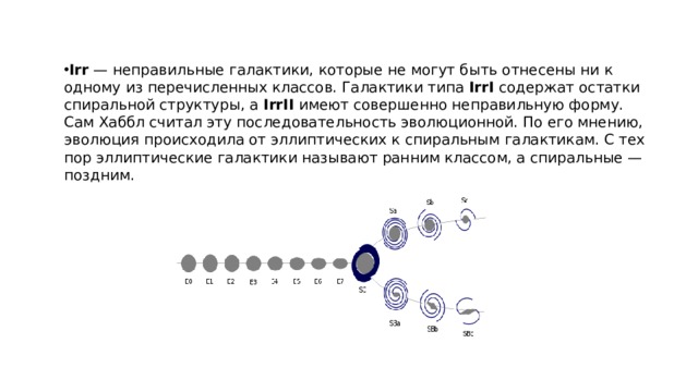 Irr  — неправильные галактики, которые не могут быть отнесены ни к одному из перечисленных классов. Галактики типа  IrrI  содержат остатки спиральной структуры, а  IrrII  имеют совершенно неправильную форму. Сам Хаббл считал эту последовательность эволюционной. По его мнению, эволюция происходила от эллиптических к спиральным галактикам. С тех пор эллиптические галактики называют ранним классом, а спиральные — поздним. 