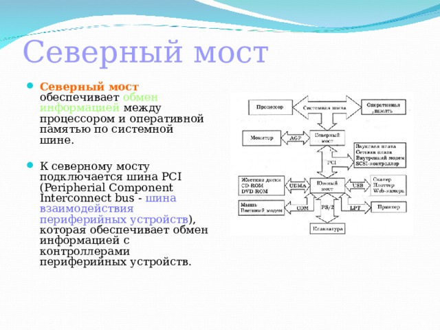 Северный мост Северный мост обеспечивает обмен информацией между процессором и оперативной памятью по системной шине.   К северному мосту подключается шина PCI (Peripherial Component Interconnect bus - шина взаимодействия периферийных устройств ), которая обеспечивает обмен информацией с контроллерами периферийных устройств.   