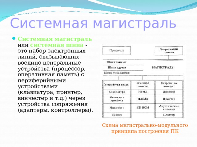 Системная магистраль Системная магистраль  или системная шина - это набор электронных линий, связывающих воедино центральные устройства (процессор, оперативная память) с периферийными устройствами (клавиатура, принтер, винчестер и т.д.) через устройства сопряжения (адаптеры, контроллеры). Схема магистрально-модульного  принципа построения ПК  