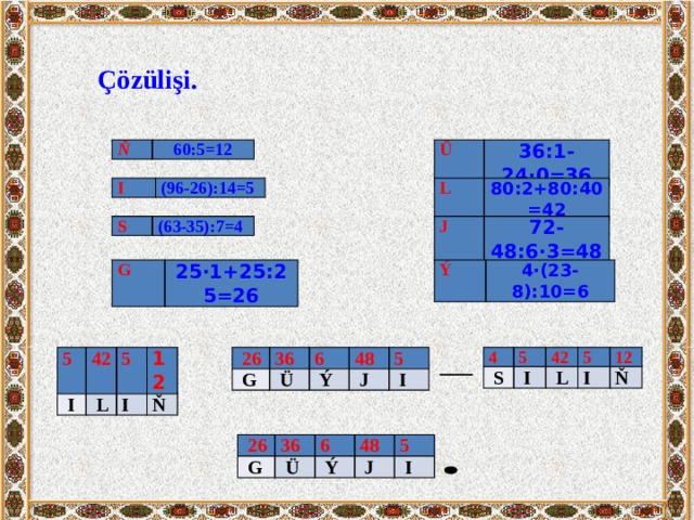 Çözülişi. Ü Ň 36:1-24·0=36 60:5=12 L I 80:2+80:40=42 (96-26):14=5 J S 72-48:6·3=48 (63-35):7=4 Ý G 25·1+25:25=26 4·(23-8):10=6 5  26 4   I 42   S 5   G 36   L 5 12   Ü 6 I 42   I   L Ň 5 48   Ý 12 5   J I Ň   I  26   G 36 6   Ü 48   Ý 5   J   I 