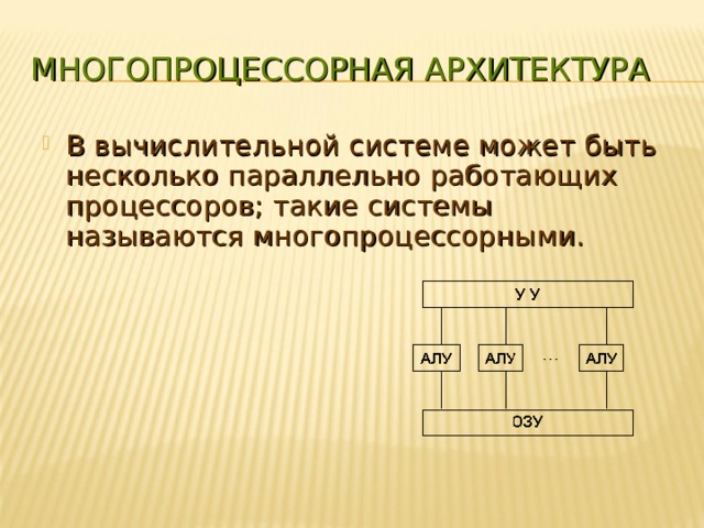МНОГОПРОЦЕССОРНАЯ АРХИТЕКТУРА В вычислительной системе может быть несколько параллельно работающих процессоров; такие системы называются многопроцессорными. 