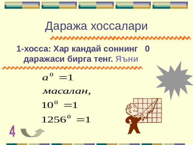 Даража хоссалари 1-хосса: Хар кандай соннинг 0 даражаси бирга тенг. Яъни 