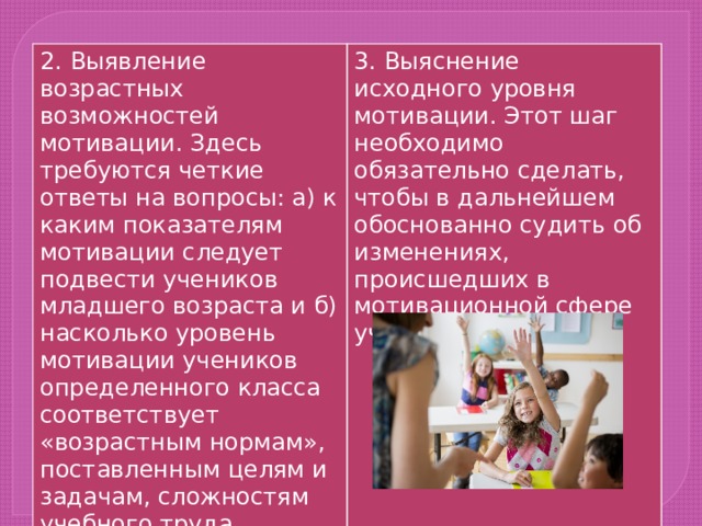 2. Выявление возрастных возможностей мотивации. Здесь требуются четкие ответы на вопросы: а) к каким показателям мотивации следует подвести учеников младшего возраста и б) насколько уровень мотивации учеников определенного класса соответствует «возрастным нормам», поставленным целям и задачам, сложностям учебного труда. 3. Выяснение исходного уровня мотивации. Этот шаг необходимо обязательно сделать, чтобы в дальнейшем обоснованно судить об изменениях, происшедших в мотивационной сфере ученика (класса). 
