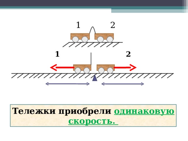 1 2 1 2 Тележки приобрели одинаковую скорость. 