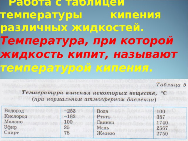   Работа с таблицей температуры  кипения различных жидкостей.  Температура, при которой жидкость кипит, называют температурой кипения.         