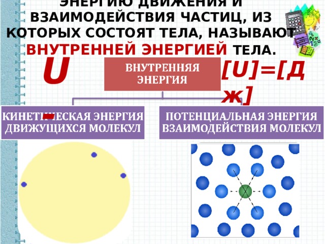 ЭНЕРГИЮ ДВИЖЕНИЯ И ВЗАИМОДЕЙСТВИЯ ЧАСТИЦ, ИЗ КОТОРЫХ СОСТОЯТ ТЕЛА, НАЗЫВАЮТ ВНУТРЕННЕЙ ЭНЕРГИЕЙ ТЕЛА. U - [U] = [ Дж ] 