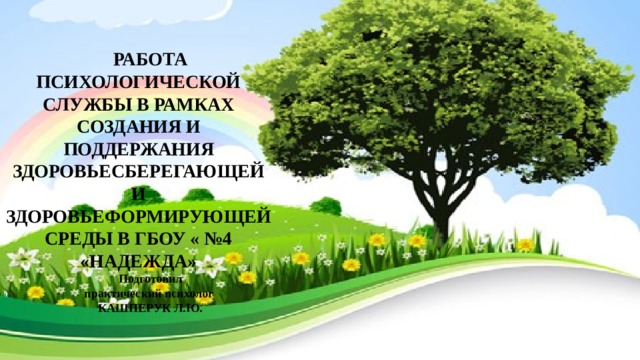 РАБОТА ПСИХОЛОГИЧЕСКОЙ СЛУЖБЫ В РАМКАХ СОЗДАНИЯ И ПОДДЕРЖАНИЯ ЗДОРОВЬЕСБЕРЕГАЮЩЕЙ И ЗДОРОВЬЕФОРМИРУЮЩЕЙ СРЕДЫ В ГБОУ « №4 «НАДЕЖДА» Подготовил практический психолог КАШПЕРУК Л.Ю.  