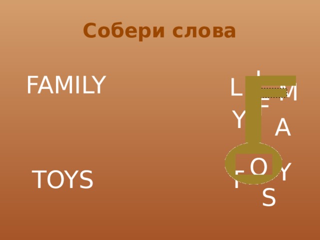Собери слова I FAMILY L M F Y A O Y TOYS T S 
