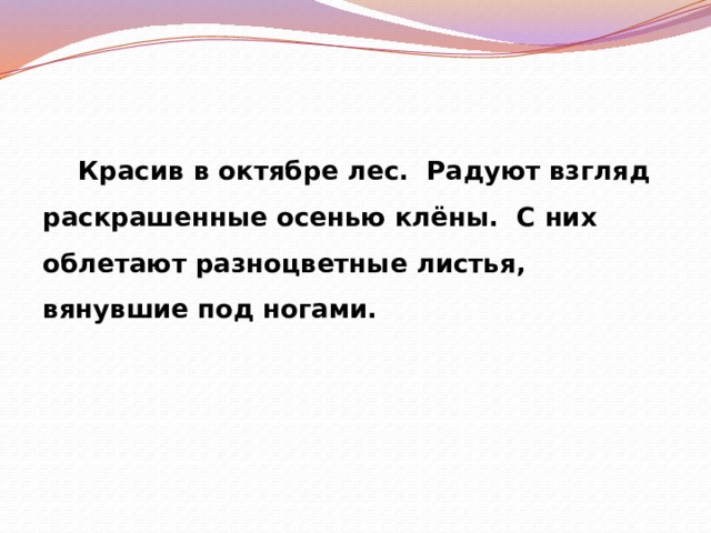  Красив в октябре лес. Радуют взгляд раскрашенные осенью клёны. С них облетают разноцветные листья, вянувшие под ногами. 