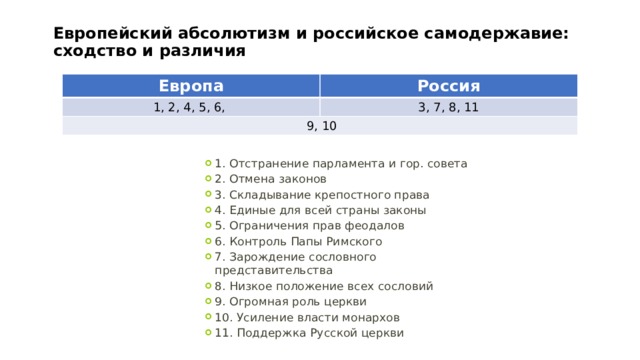 Европейский абсолютизм и российское самодержавие: сходство и различия Европа Россия 1, 2, 4, 5, 6, 3, 7, 8, 11  9, 10 1. Отстранение парламента и гор. совета 2. Отмена законов 3. Складывание крепостного права 4. Единые для всей страны законы 5. Ограничения прав феодалов 6. Контроль Папы Римского 7. Зарождение сословного представительства 8. Низкое положение всех сословий 9. Огромная роль церкви 10. Усиление власти монархов 11. Поддержка Русской церкви 