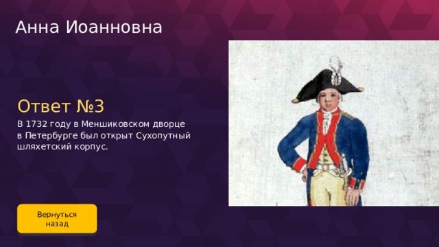 Анна Иоанновна Ответ №3 В 1732 году в Меншиковском дворце в Петербурге был открыт Сухопутный шляхетский корпус. Вернуться назад 87 