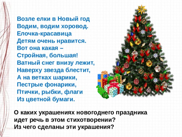 Возле елки в Новый год Водим, водим хоровод. Елочка-красавица Детям очень нравится. Вот она какая – Стройная, большая! Ватный снег внизу лежит, Наверху звезда блестит, А на ветках шарики, Пестрые фонарики, Птички, рыбки, флаги Из цветной бумаги. О каких украшениях новогоднего праздника идет речь в этом стихотворении? Из чего сделаны эти украшения? 