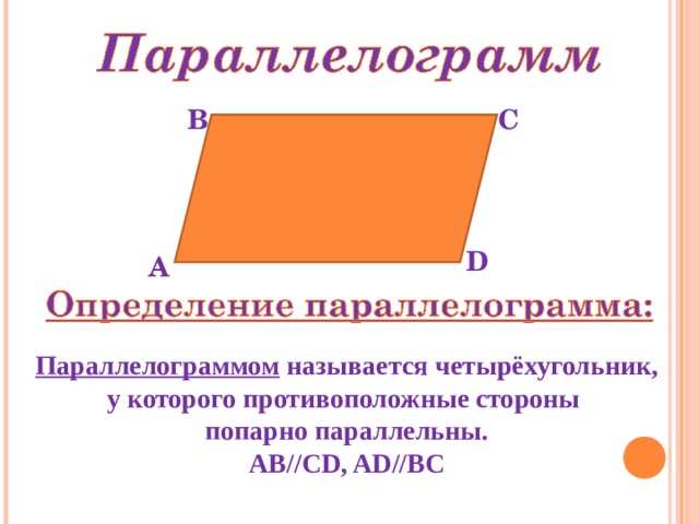 В С D А Параллелограммом называется четырёхугольник,  у которого противоположные стороны попарно параллельны. АВ//С D, AD //ВС 