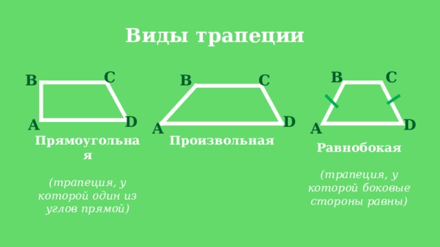 Виды трапеции С В С В В С D D A D A A Произвольная  Прямоугольная  (трапеция, у которой один из углов прямой) Равнобокая  (трапеция, у которой боковые стороны равны) 