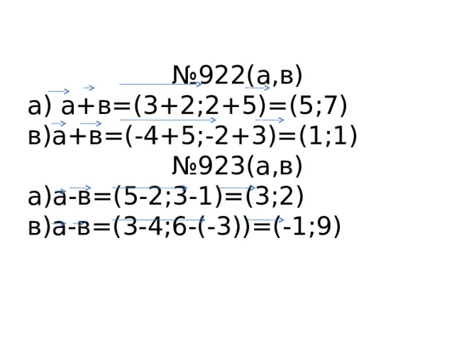     № 922(а,в)  а) а+в=(3+2;2+5)=(5;7)  в)а+в=(-4+5;-2+3)=(1;1)  №923(а,в)  а)а-в=(5-2;3-1)=(3;2)  в)а-в=(3-4;6-(-3))=(-1;9)      