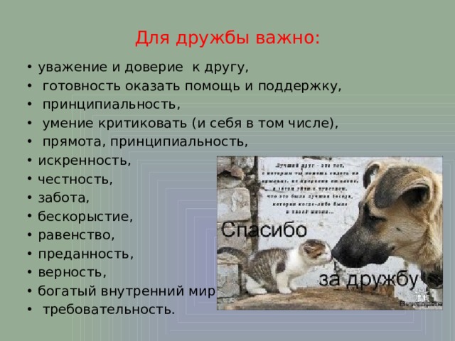 Для дружбы важно:   уважение и доверие к другу,  готовность оказать помощь и поддержку,  принципиальность,  умение критиковать (и себя в том числе),  прямота, принципиальность, искренность, честность, забота, бескорыстие, равенство, преданность, верность, богатый внутренний мир,  требовательность. 