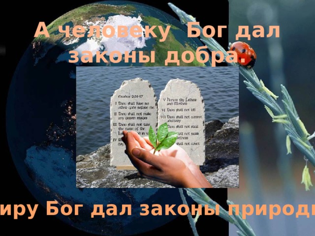 Бог сотворил мир и человека. А человеку Бог дал законы добра. Миру Бог дал законы природы. 6 