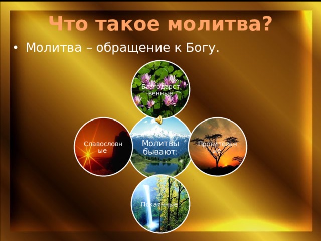 Что такое молитва? Молитва – обращение к Богу. Благодарст-венные Молитвы бывают: Просительные Славословные Покаянные 