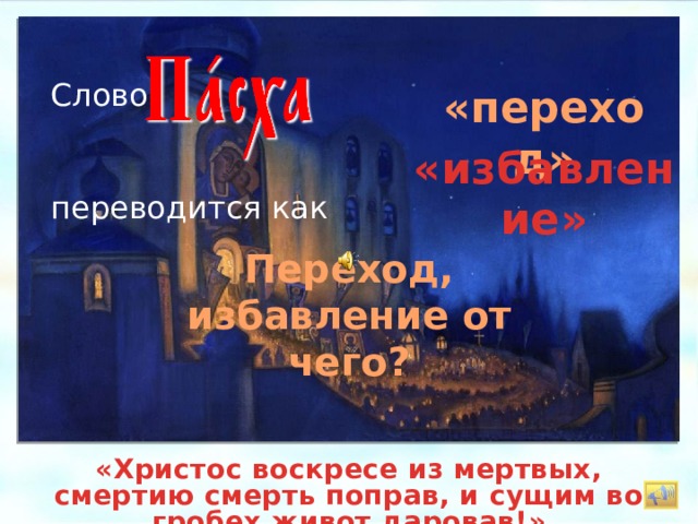 Слово переводится как «переход» «избавление» Переход, избавление от чего? Рерих Н.К. Русская Пасха. «Христос воскресе из мертвых, смертию смерть поправ, и сущим во гробех живот даровав!»  