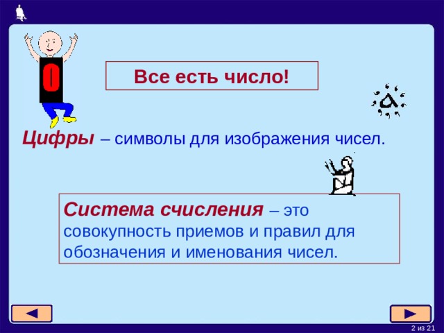 Все есть число! Цифры  – символы для изображения чисел. Система  счисления  – это совокупность приемов и правил для обозначения и именования чисел. 