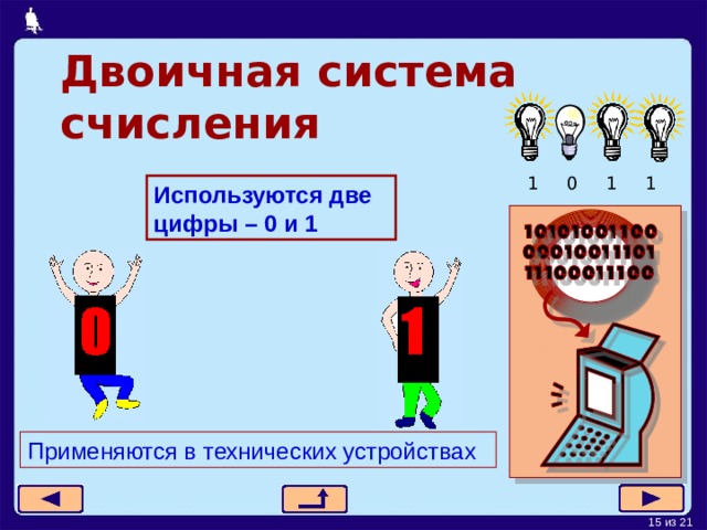 Двоичная система счисления 1 0 1 1 Используются две цифры – 0 и 1 Применяются в технических устройствах 