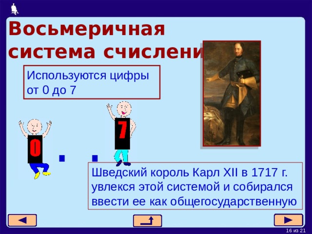 Восьмеричная   система  счисления Используются цифры от 0 до 7 . . . Шведский король Карл XII в 1717 г. увлекся этой системой и собирался ввести ее как общегосударственную 