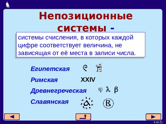 Непозиционные  системы - системы счисления, в которых каждой цифре соответствует величина, не зависящая от её места в записи числа. Египетская  Римская Древнегреческая Славянская XXIV     