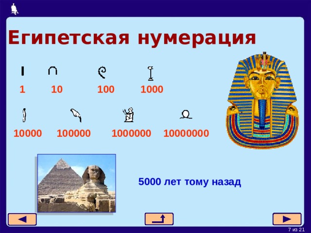 Египетская  нумерация 1 10 100 1000 10000 100000 1000000 10000000 5000 лет тому назад 