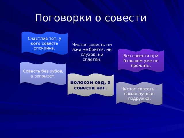 Поговорки о совести Счастлив тот, у кого совесть спокойна. Чистая совесть ни лжи не боится, ни слухов, ни сплетен. Без совести при большом уме не прожить. Совесть без зубов, а загрызет. Волосом сед, а совести нет. Чистая совесть –самая лучшая подружка. 