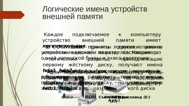 Логические имена устройств внешней памяти Каждое подключаемое к компьютеру устройство внешней памяти имеет логическое имя . В ОС Windows приняты логические имена устройств внешней памяти, состоящие из одной латинской буквы и знака двоеточия: В ОС Linux приняты другие правила именования дисков и их разделов. Например: логические разделы, принадлежащие первому жёсткому диску, получают имена hda1 , hda2 и т. д.; логические разделы, принадлежащие второму жёсткому диску, получают имена hdb1 , hdb2 и т. д. для жёстких дисков и их логических разделов – для оптических дисководов - имена, следующие по алфавиту после имени последнего имеющегося на компьютере жёсткого диска или раздела жёсткого диска для дисководов гибких дисков (дискет) - А: и В: C:, D: для подключаемой к компьютеру флэш-памяти - имя, следующее за последним именем оптического дисковода (например, F:) C (C:) D (D:) DVD RW дисковод (E:) Съемный диск (F:) A (A:) 