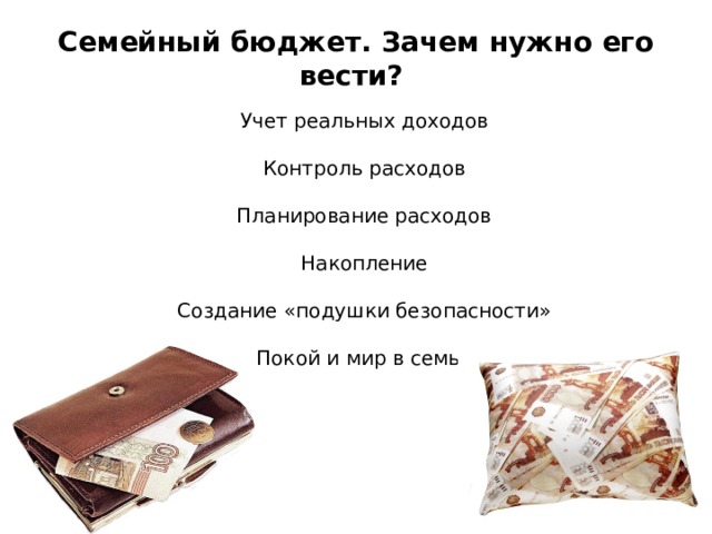 Семейный бюджет. Зачем нужно его вести? Учет реальных доходов Контроль расходов Планирование расходов Накопление Создание «подушки безопасности» Покой и мир в семье  
