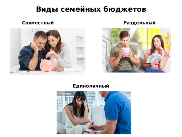 Виды семейных бюджетов Раздельный Совместный Единоличный 
