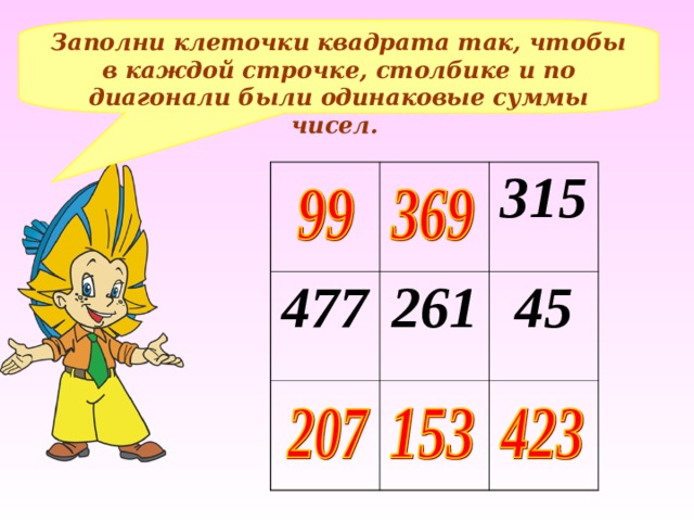 Заполни клеточки квадрата так, чтобы в каждой строчке, столбике и по диагонали были одинаковые суммы чисел. 477 315 261 45 Составление примеров, решение – на доске и в тетрадях  