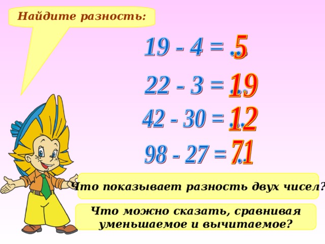 Найдите разность: Что показывает разность двух чисел? Что можно сказать, сравнивая уменьшаемое и вычитаемое? 