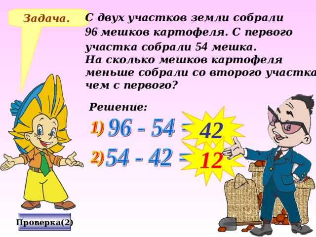 Задача. С двух участков земли собрали 96 мешков картофеля. С первого участка собрали 54 мешка. На сколько мешков картофеля меньше собрали со второго участка, чем с первого? Решение: 42 12 № 250 Виленкин Н.Я. «Математика-5» 2006 год издания Проверка(2)  