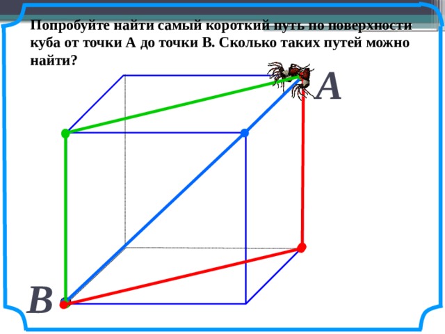 Попробуйте найти самый короткий путь по поверхности куба от точки А до точки В. Сколько таких путей можно найти? А  № 929. Математика 5 класс. Н.Я.Виленкин. В  