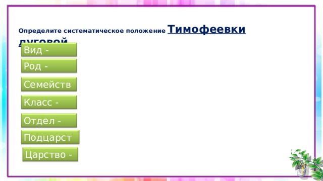  Определите систематическое положение Тимофеевки луговой Вид - Род - Семейство - Класс - Отдел - Подцарство - Царство - 