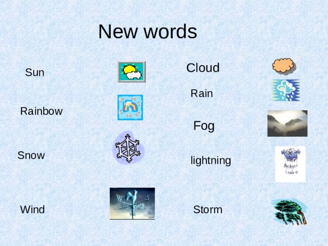New words Cloud Sun Rain Rainbow Fog Snow lightning Storm Wind 