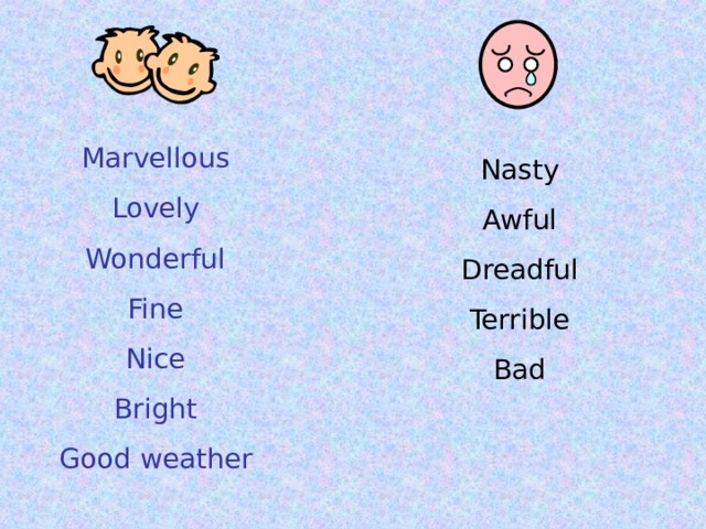 Marvellous Lovely Wonderful Fine Nice Bright Good weather Nasty Awful Dreadful Terrible Bad 