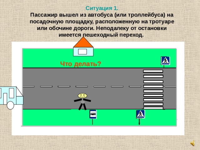 Ситуация 1.  Пассажир вышел из автобуса (или троллейбуса) на посадочную площадку, расположенную на тротуаре  или обочине дороги. Неподалеку от остановки имеется пешеходный переход. Что делать? 