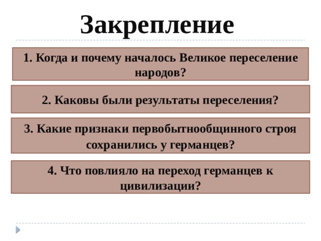 Закрепление 1. Когда и почему началось Великое переселение народов? 2. Каковы были результаты переселения? 3. Какие признаки первобытнообщинного строя сохранились у германцев? 4. Что повлияло на переход германцев к цивилизации? 
