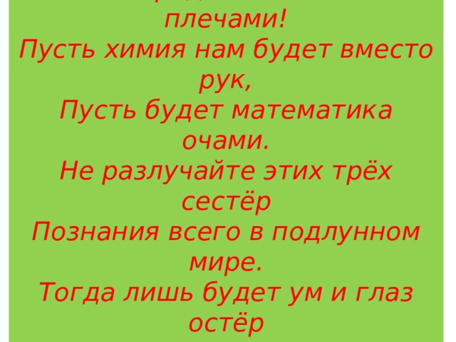 « О, физика, наука из наук! Всё впереди! Как мало за плечами! Пусть химия нам будет вместо рук, Пусть будет математика очами. Не разлучайте этих трёх сестёр Познания всего в подлунном мире. Тогда лишь будет ум и глаз остёр И знанья человеческие шире».  М. Алигер 