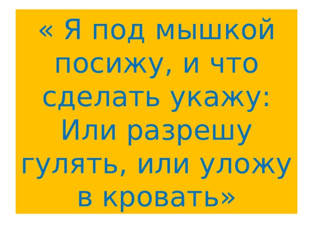 « Я под мышкой посижу, и что сделать укажу:  Или разрешу гулять, или уложу в кровать» 