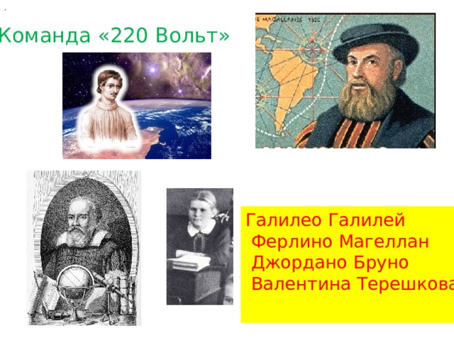 .   Команда «220 Вольт» Галилео Галилей  Ферлино Магеллан  Джордано Бруно  Валентина Терешкова   