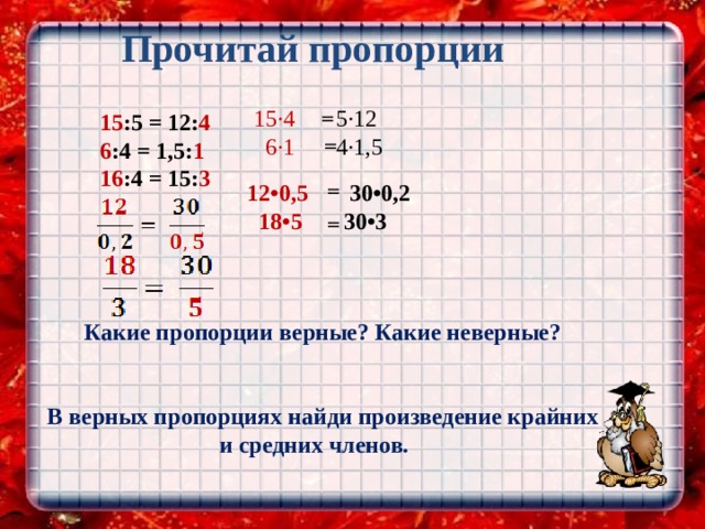   Прочитай пропорции    15 :5 = 12: 4  6 :4 = 1,5: 1  16 :4 = 15: 3 15∙4 5∙12  6∙1 4∙1,5 = =  12•0,5 30•0,2  18•5 30•3 = =    Какие пропорции верные? Какие неверные?   В верных пропорциях найди произведение крайних и средних членов.  