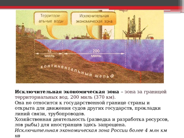 Исключительная экономическая зона – зона за границей территориальных вод. 200 миль (370 км). Она не относится к государственной границе страны и открыта для движения судов других государств, прокладки линий связи, трубопроводов. Хозяйственная деятельность (разведка и разработка ресурсов, лов рыбы) для иностранцев здесь запрещена. Исключительная экономическая зона России более 4 млн км кв 