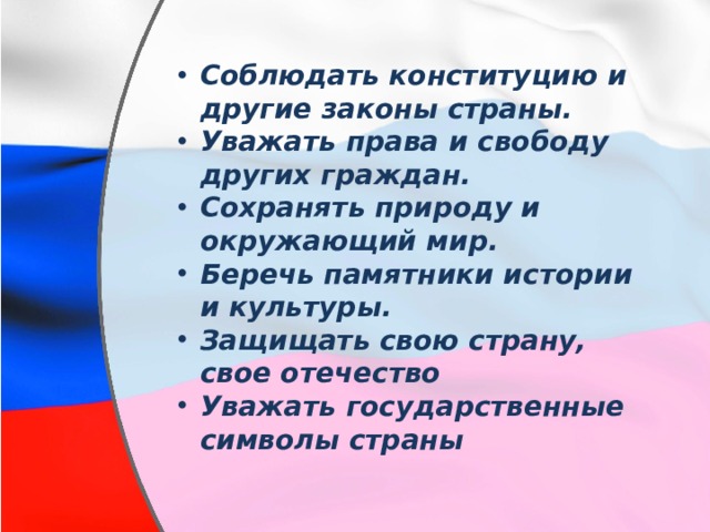 Соблюдать конституцию и другие законы страны. Уважать права и свободу других граждан. Сохранять природу и окружающий мир. Беречь памятники истории и культуры. Защищать свою страну, свое отечество Уважать государственные символы страны 