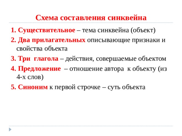Схема составления синквейна 1. Существительное  – тема синквейна (объект) 2. Два прилагательных описывающие признаки и свойства объекта 3. Три глагола – действия, совершаемые объектом 4. Предложение – отношение автора к объекту (из 4-х слов) 5. Синоним к первой строчке – суть объекта 