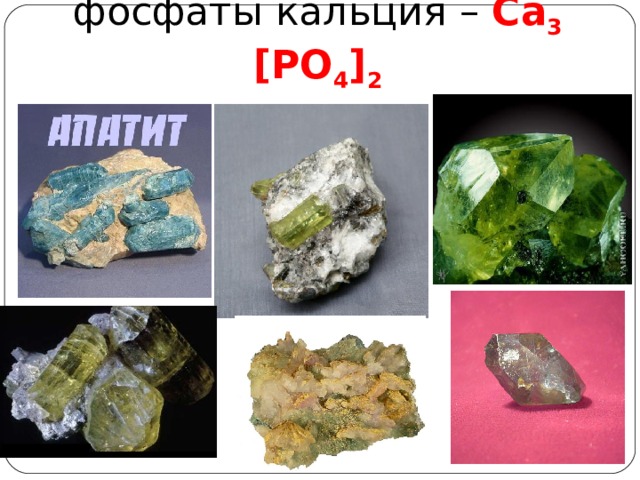 Апатиты, фосфориты –  фосфаты кальция – С a 3 [ Р O 4 ] 2 